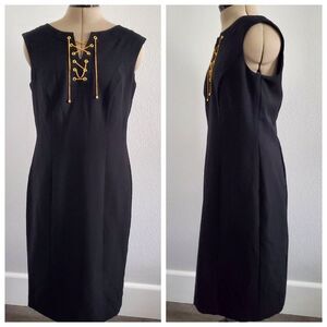 NWT Ellen Tracy Women's Sheath Dress Size 6 Black Sleeveless Lace-Up Gold Chain